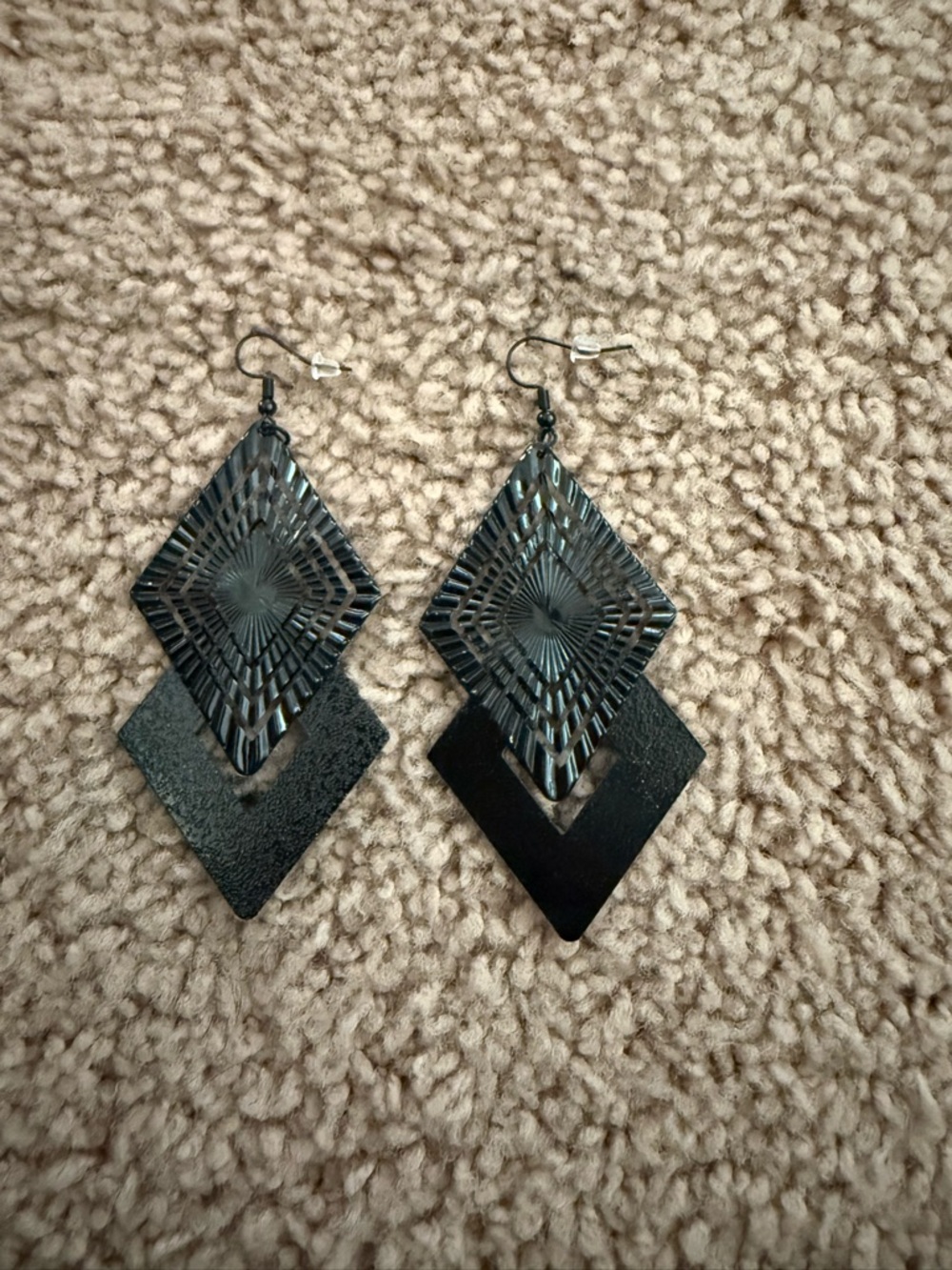 Double Diamond Textured Drop Earrings in Black